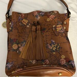 Patricia Nash Tan Leather Map Print Shoulder Bag
